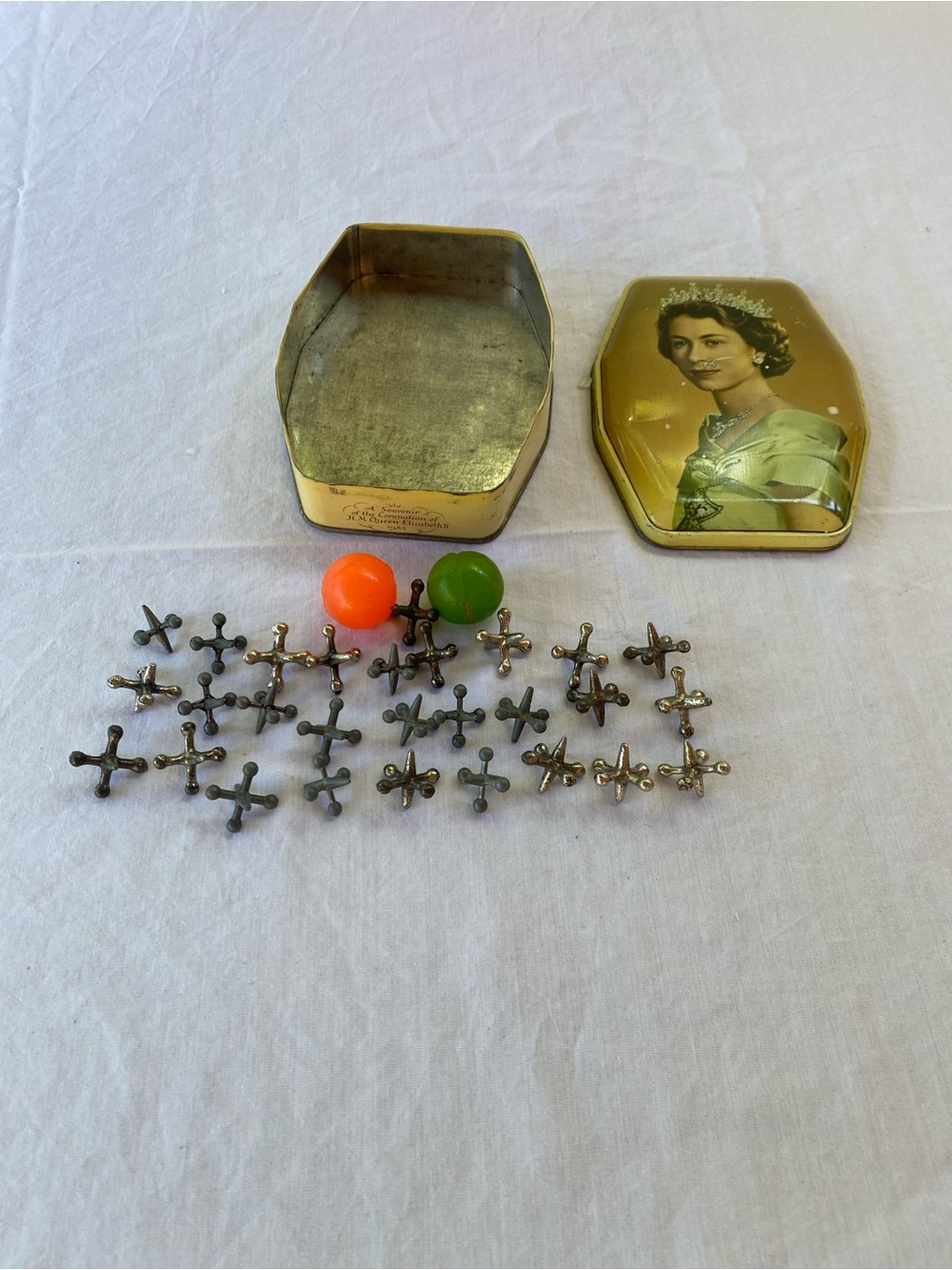Vintage Queen Elizabeth II Coronation Tin & Metal Jacks Game Set 1953 England